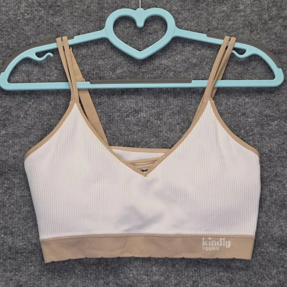 Kindly Yours Bra Women XL White Ribbed Bralette Ginger Trim Strappy Adjustable